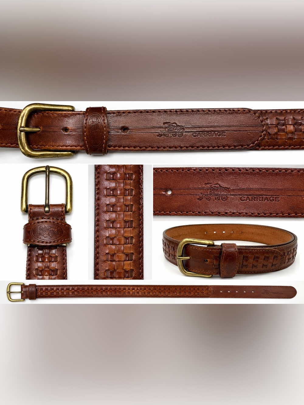 Vintage Carriage Genuine Leather Woven Belt Brown Brass Buckle Size 32–36